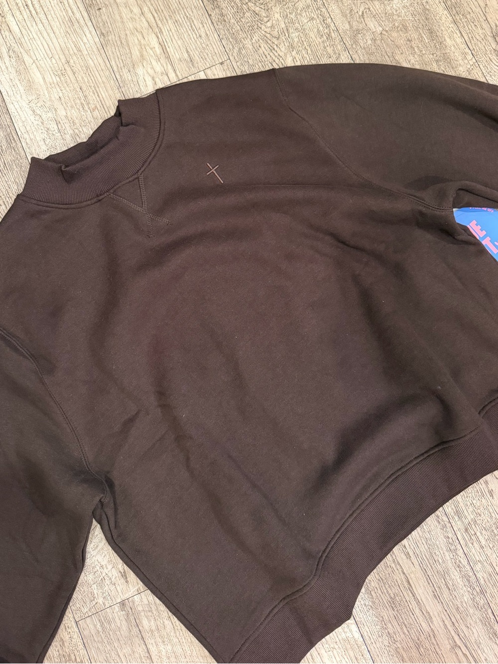 Brown Espresso Mock neck sweater cross detail, Jesus saves on sleeve